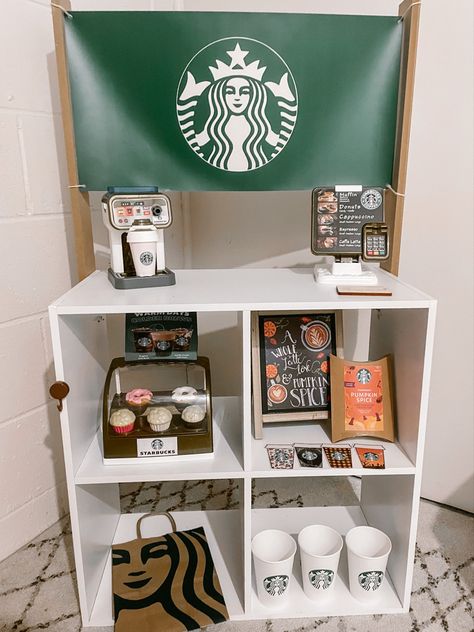 Starbucks Pretend Play, School Pretend Play Ideas, Pretend Play Cafe Coffee Shop, Starbucks Play Center, Dramatic Play Coffee Shop Ideas, Coffee Shop Pretend Play, Preschool Hot Cocoa Dramatic Play, Starbucks Dramatic Play Coffee Shop, Cardboard Coffee Shop