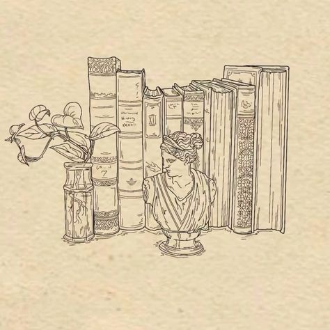 Vintage Book Tattoo, Bookcase Tattoo, Bookshelf Tattoo, Book Sketches, Library Drawing, Sea Wallpaper, Book Tattoo, Vintage Drawing, Book Drawing