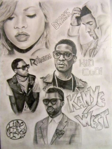 My drawing of Kanye West,  Kid Cudi, Rihanna, Lupe Fiasco & Drake Kanye Drawing, Maroon 5 Lyrics, History Of Hip Hop, Lupe Fiasco, Drake Lyrics, Hip Hop Quotes, Rap Quotes, Rap Lyrics Quotes, Historical Quotes