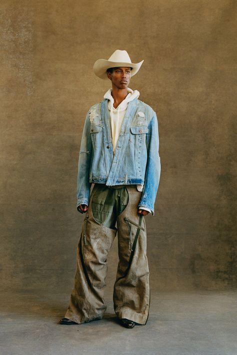 Cowboy Editorial, Concrete Cowboy, Cowboy Photoshoot, Fall Outfits For Men, Futuristic Photoshoot, Western Boy, White Tie Dress, 2023 Menswear Fashion Show, Country Jeans