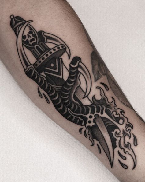 Japanese Dagger Tattoo, Eagle Claw Tattoo, Trad Dagger Tattoo, Traditional Scythe Tattoo, Dragon Claw Tattoo, Dagger Traditional Tattoo, American Traditional Dagger, Dark Traditional Tattoo, Dagger Tattoo Traditional