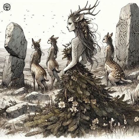 Field Guide | Volume II | Pages 9 - 12: "Of Fir and Fawns" #aiart #aiartwork #aiartcommunity #aiconceptart #fantasy #fantasyart #fantasynature #fantasylandscape #fieldguide #beastiary #fir #fawns #moorland #runestones Fae Creatures Art, Fey Wild Creatures, Faeries Art, Fae World Concept Art, Fawn Fantasy Art, Giant Deer Fantasy Art, Rune Stones, Fantasy Theme, Fantasy Creatures Art