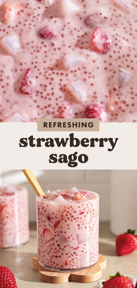 Light and refreshing strawberry sago that's super easy to make with fresh strawberries, coconut milk, tapioca pearls, and any jelly add-ins you like! Sago Recipes Desserts, Strawberry Sago Dessert, Strawberry Sago, Coconut Milk Tapioca, Frozen Strawberry Desserts, Sago Dessert, Frozen Strawberry Recipes, Sago Recipes, Tapioca Recipes