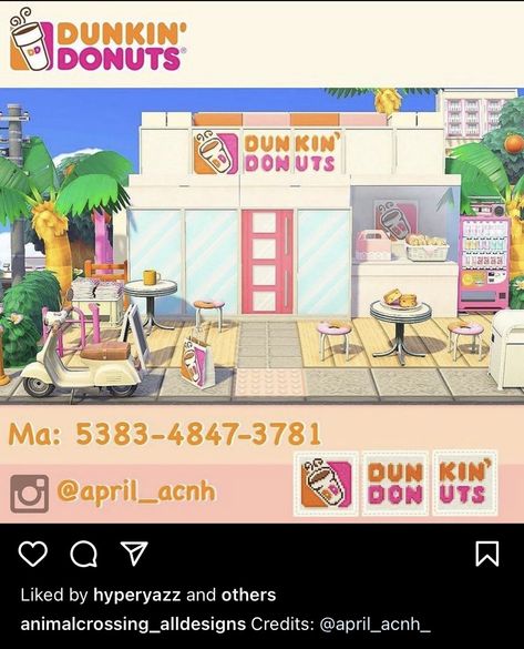 Animal Crossing Dunkin Donuts Design, Animal Crossing Rooftop Colors, Acnh Dunkin Donuts Design, Acnh Tropical Citycore, Animal Crossing Citycore Codes, Animal Crossing Simple Panel Design, Acnh Store Design Code, Acnh Clothing Store, Acnh 80s