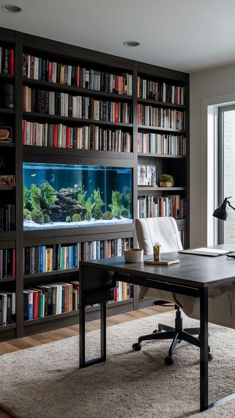 Aquarium Home Office Design Inspirations Fish Tank Built In Bookcase, Library With Aquarium, Aquarium In Bookshelf, Home Office Aquarium, Bookshelf Fish Tank, Beautiful Home Library, Aquarium Home, Home Office Designs, 80s House