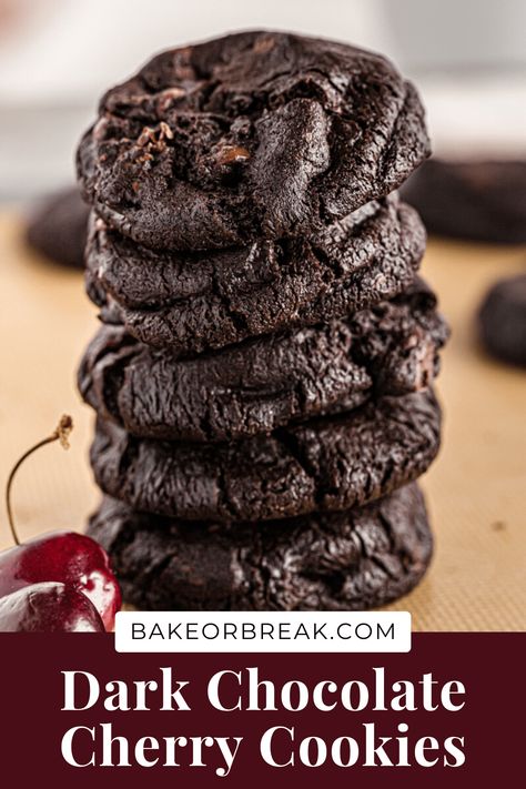 These cookies are a chocolate lover's dream come true. Chewy chocolate cookie dough is studded with chocolate chips and dried cherries for a decadent cookie that’s also super easy to make! Chocolate Cherry Cookies, Chewy Chocolate Cookies, Cherry Cookies, Chocolate Cookie Dough, Dried Cherries, Chocolate Cherry, Sweet Chocolate, Chocolate Brownies, Sweets Recipes