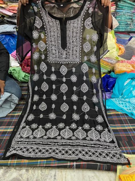 Lucknowi Chikankari Butta Jaal Kurti For Ladies, White Dhagga Embroidery Sheer Dresses,Black Color Women Georgette Kurta and Matching Lining Black Transparent Dress, Lucknowi Kurti, Lucknowi Kurta, Black Kurti, Georgette Kurta, Sheer Dresses, Trendy Outfits Indian, Dresses Black Women, Black Indians