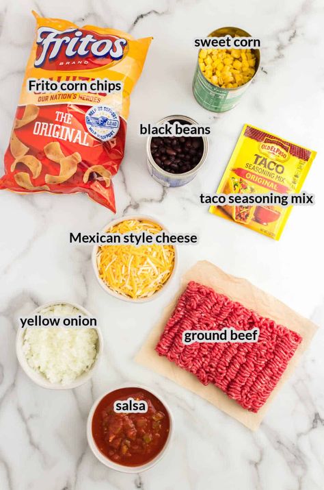 Casserole With Fritos Ground Beef, Frito Ground Beef Casserole, Ground Beef Fritos Recipes, Fritto Pie Corn Chips, Corn Chips Recipe Ground Beef, Fritos Pie Casserole, Taco Bake With Fritos Corn Chips, Frito Bake Casserole, Frito Chips Recipes