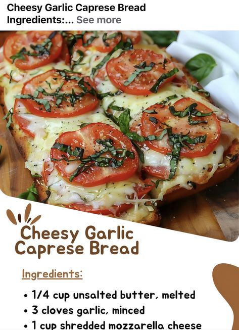 Caprese Bread, Caprese Flatbread, Best Appetizer Recipes, Pizza Recipes Homemade, Bread Ingredients, Cheesy Recipes, Italian Bread, Finger Food Appetizers, Fun Baking Recipes