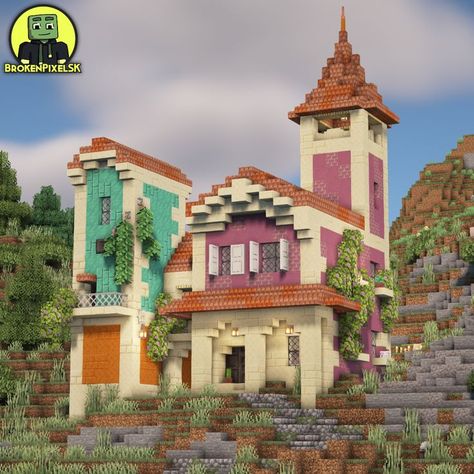 Tuscan style villa built in the Better Minecraft Modpack Tuscan Minecraft, Spanish Style Minecraft House, Spanish Minecraft House, Mexican Minecraft, Building Styles Minecraft, Minecraft Italian Villa, Minecraft Spanish Villa, Minecraft Mexican Style House, Minecraft Mexican House