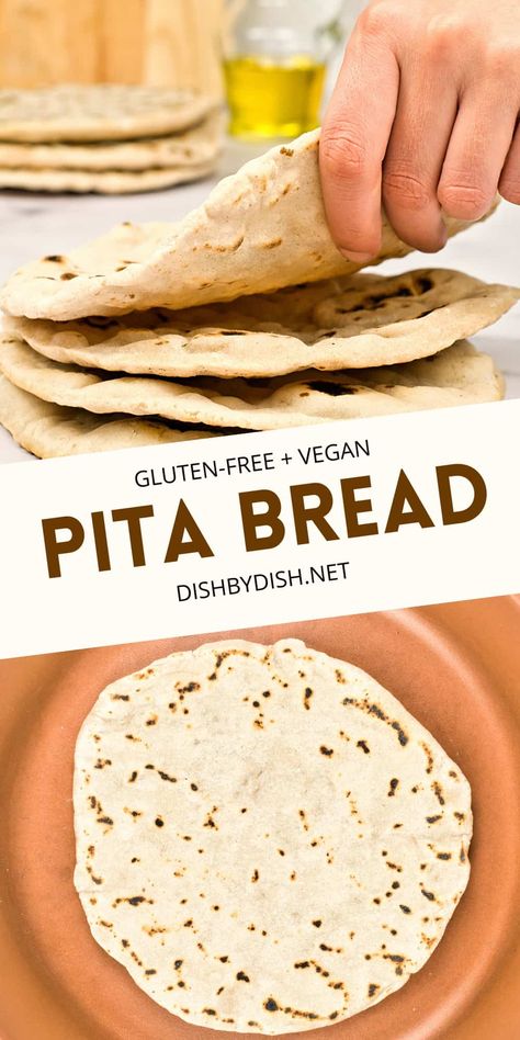 This gluten-free pita bread recipe is a delicious and satisfying gluten-free alternative to traditional pita bread. Chewy and flexible, these gluten-free pitas are perfect for eating with hummus, baba ganoush or other favorite dips, making sandwiches or wraps, or enjoying on its own! Totally dairy-free and vegan too. Armenia Food, Gluten Free Flour Substitutions, Gluten Free Pita Bread, Gluten Free Pita, Making Sandwiches, Pita Bread Recipe, Pita Recipes, Pita Pizzas, Lectin Free