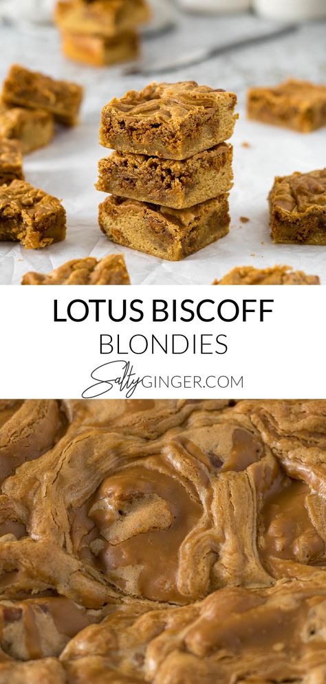 Top - stacked biscoff blondies, bottom - close up of Biscoff Blondies Biscoff Oatmeal Cookies, Homemade Biscoff Cookies, Lotus Blondies, Biscoff Butter Recipes, Biscoff Spread Recipes, Biscoff Caramel, Easy Baking Ideas, Homemade Biscoff, Biscoff Blondies