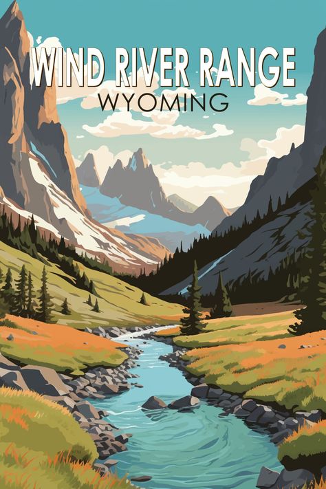 Wind River Range Wyoming Travel Art Vintage Poster Wyoming Art, Wind River Range Wyoming, Vintage National Park Posters, Vintage Postcards Travel, American National Parks, Wyoming Travel, Landscape Posters, Wind River, Travel America