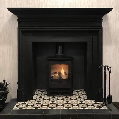 Fireplace With Wood Burning Stove, Slate Mantle, Log Burner Mantle, Black Fire Surround Ideas, Stove Surround, Black Wood Fireplace Surround, Log Burner Surround, Cool Fireplaces, Wood Burner Fireplace Ideas