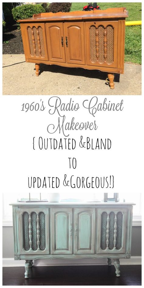 An outdated radio cabinet got a gorgeous makeover...and it wasn't a project that went at all as expected! Repurposed Vintage Record Player Cabinet, Antique Stereo Cabinet Makeover, Radio Cabinet Makeover, Stereo Cabinet Redo, Record Player Cabinet, Aqua Walls, Redo Cabinets, Stereo Cabinet, Record Cabinet