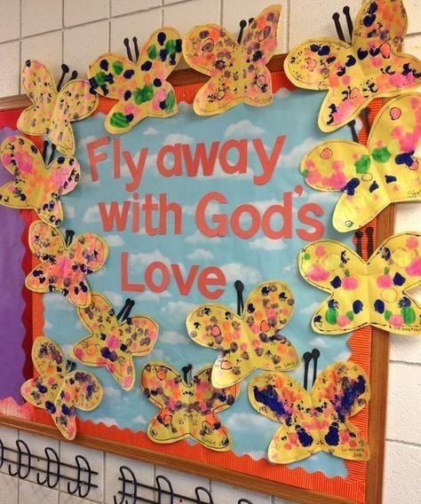 ♥ God Bulletin Board Ideas, Spring Bulletin Board Ideas For Church, End Of School Bulletin Board Ideas, Easter Bulletin Boards Preschool, Butterfly Bulletin Board, Catholic Bulletin Boards, Religious Bulletin Boards, Bible Bulletin Boards, Easter Bulletin Boards