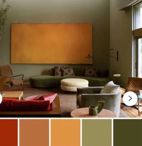 Burnt Orange And Green Living Room, Green And Rust Living Room, Green Sofa Living Room Colour Schemes, Green Living Room Color Scheme, Colour Pallettes, Green Living Room, Green Interior Design, Room Theme, Living Room Orange