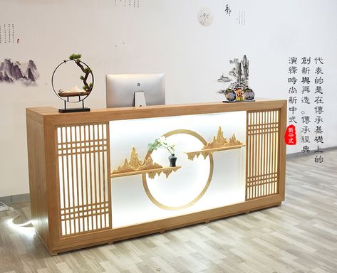 Chinese style vintage reception counter, cashier counter, office counter #retailproject #projectmanagement #shopfurniture Cashier Counter Design, Boho Living Room Coffee Tables, Chinese Hotel, Counter Office, Cashier Counter, Vintage Reception, Gerobak Dorong, Roof Terrace Design, Restaurant Counter