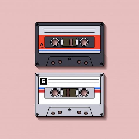 Casette Tape Illustration, Retro Music Illustration, Casette Drawings, Cassette Tape Illustration, Casette Illustration, 90s Illustration Retro, Cassete Tape Aesthetic, Cassette Tape Drawing, Music Design Ideas