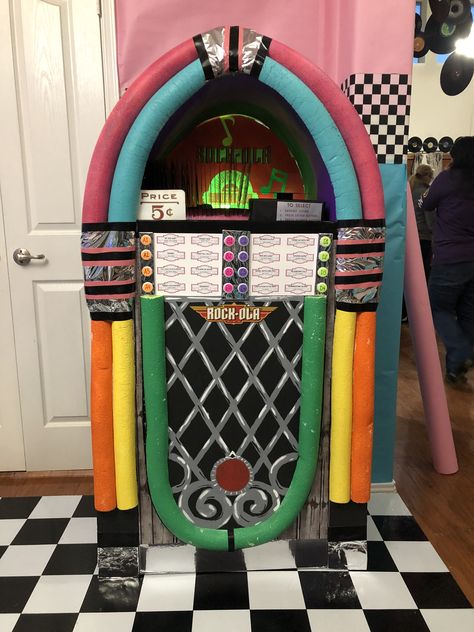 Diy 50s Party Decorations, Sock Hop Photo Booth, Grease Homecoming Float Ideas, Sock Hop Ideas, Grease Themed Trunk Or Treat, Diy Sock Hop Decorations, 50s Parade Float Ideas, Diy Jukebox Prop, Sock Hop Dance Ideas