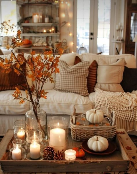 Fall Aesthetic House Decor, Autumn Living Room Aesthetic, Cozy Fall Decor Ideas For The Home, Fall Cozy Decor, Autumnal Home Decor, Cozy Fall Decor Ideas, Cozy Fall Home Aesthetic, How To Make Living Room Cozy, Fall House Interior