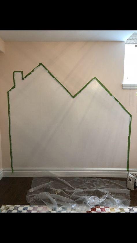 Playroom wall designs. Painting the outline of a house for the kids kitchen area. Playroom Paint Designs, Paint House On Wall Playroom, House Outline On Wall Playroom Diy, Playroom House Mural, Painted House Playroom, Wall Ideas For Playroom, Playroom Painted Mural, Painted House On Wall Playroom, House On Wall Playroom