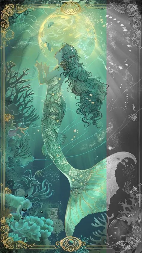 Full Color Image in ai-img-gen.com 🔸 Create a beautiful, delicate, and translucent tarot card illustration featuring a mermaid as the cen... 🔸 From Midjourney AI Image Tarot Card Illustration, Mermaid Tarot, Magical Ocean, Glowing Orb, Ocean Scenes, Beautiful Mermaids, Card Illustration, In The Ocean, A Mermaid