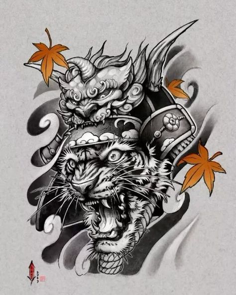 Japanese Warrior Tattoo, Japanese Hand Tattoos, Tiger Head Tattoo, Japanese Tattoos For Men, Japanese Tiger Tattoo, Bio Organic Tattoo, Neo Tattoo, Organic Tattoo, Samurai Tattoo Design