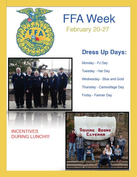 Did you know? That each year, FFA chapters around the country celebrate National FFA Week. The PHS FFA is gearing up for a week of dress up days to celebrate and are hoping the student body will get involved! The week-long tradition began in 1947 when the National FFA Board of Directors designated the week of George Washington's birthday as National FFA Week in recognition of his legacy as an agriculturist and farmer. #PCSCweCARE National Ffa Week Dress Up Days, Ffa Week Ideas Dress Up, Ffa Dress Up Days, Ffa Week Dress Up Days, National Ffa Week Ideas, Ffa Week Ideas Activities, Ffa Spirit Week Ideas, Dress Up Days Ideas, Ffa Week Ideas