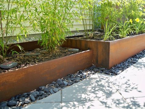 Metal Landscape Edging, Metal Garden Edging, Steel Garden Edging, Bamboo Planter, Steel Planters, Landscape Edging, Planter Design, Metal Planters, Landscape Plans