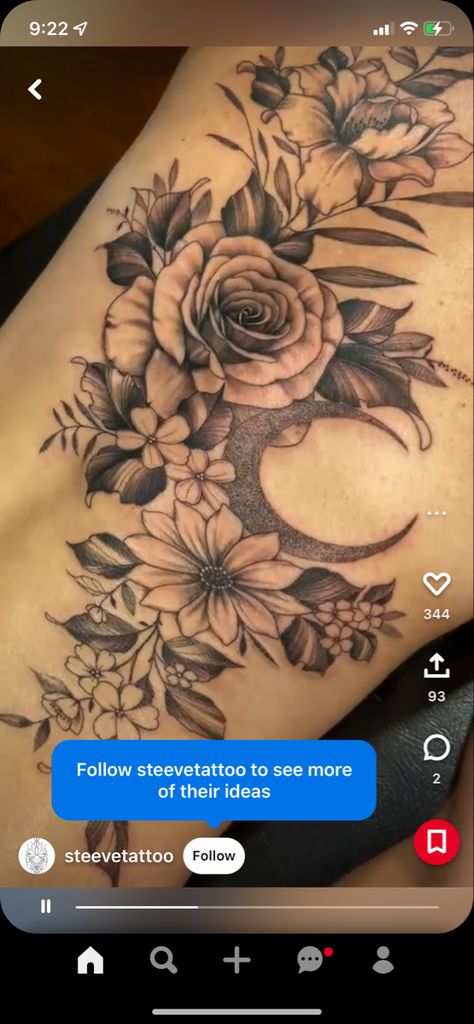 Moon And Flower Tattoo Shoulder, Sun And Moon And Flower Tattoo, Flowers And Stars Tattoos, Sun Moon Flower Tattoo, Flower And Moon Tattoo, Sunflower And Moon Tattoo, Moon With Flowers Tattoo, Moon And Flower Tattoo, Theigh Tattoos