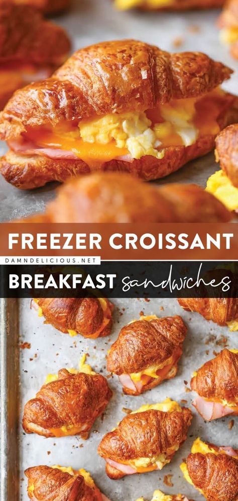 FREEZER CROISSANT BREAKFAST SANDWICHES, back to school recipes, breakfast Mini Croissant Sandwiches, Croissant Breakfast Sandwiches, Crossiant Recipes, Freezer Breakfast Meals, Croissant Sandwiches, Freezer Lunches, Breakfast Sandwiches Frozen, Croissant Breakfast Sandwich, Mini Croissant