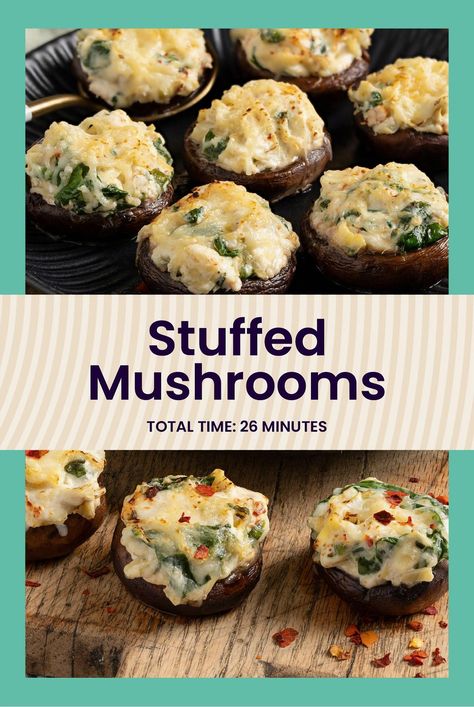 These delicious mushrooms, filled with creamy spinach artichoke dip, make an ideal appetizer for your upcoming holiday gathering. Spinach Artichoke Dip Stuffed Mushrooms, Spinach Dip Stuffed Mushrooms, Holiday Hors D’oeuvres Christmas, Veggie Hors D’oeuvres, Keto Hors D’oeuvres, Party Hors D’oeuvres, Artichoke Dip Stuffed Mushrooms, Thanksgiving Hors D’oeuvres, Christmas Hors D'oeuvres