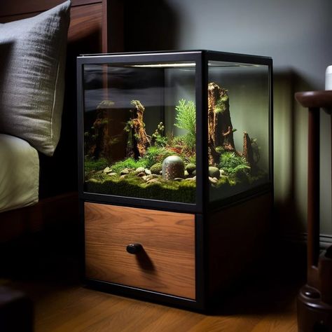 Terrarium-Inspired Nightstands: Bring Green Elegance to Your Bedside Iwagumi Aquascape, Spider Terrarium, Moss Table, Mens Room Decor, Nightstand Design, Labyrinth Design, Fish Tank Design, Fishing Room, Long House