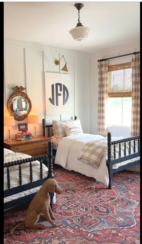 Guest Room 2 Beds, Two Twin Beds In One Room Boys, Boys Room Twin Beds, Boys Room Farmhouse, Americana Style Home, Triplets Nursery, Masculine Bed, Cottagecore Cabin, Snow Cottage