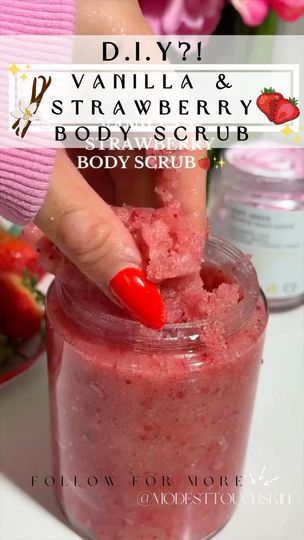 3K views · 1.4K reactions | 🍓✨ DIY Vanilla & Strawberry Body Scrub ✨🍓

Ready to get your glow on? This delicious-smelling body scrub is a treat for your skin! Here’s how you can make it:

1️⃣ Ingredients:

1 cup sugar
2 scoops coconut oil
1/2 cup freeze-dried strawberries (crushed into powder)
1 tbsp vanilla bean paste

2️⃣ Instructions:

Mix the sugar and freeze-dried strawberry powder together.

Add the coconut oil and vanilla bean paste.
Stir until it forms a smooth, scrubby paste.

3️⃣ Benefits:

Exfoliates dead skin cells for smoother, softer skin.
Coconut oil deeply moisturizes, while the strawberries add antioxidants for a healthy glow.

The vanilla bean gives a calming scent and adds an extra layer of skin-soothing goodness.

4️⃣ How to Use:

Gently massage the scrub onto your bo Strawberry Body Scrub, Diy Vanilla, Strawberry Crush, Vanilla Bean Paste, Strawberry Powder, Freeze Dried Strawberries, Dried Strawberries, Calming Scents, Layers Of Skin