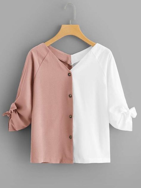 Shein Plus Two Tone Tie Cuff Blouse Corporate Blouse, Tie Cuff Blouse, Mode Kimono, Spring 23, Formal Tops, Fashion Tops Blouse, Trendy Fashion Tops, Check Dress, Closet Designs