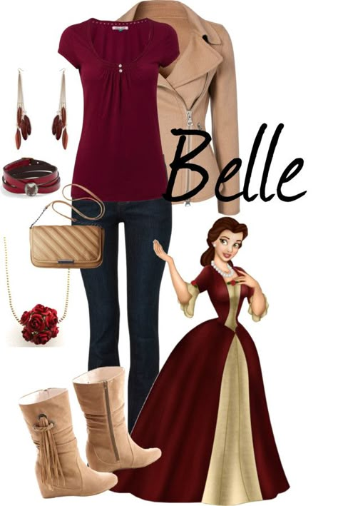 Nice color palette! I love the neutral moto-jacket with the burgundy top....not entirely sure when Belle dressed like this, though Disney Inspired Fashion, Mode Tips, Character Inspired Outfits, Disney Bounding, Disney Bound Outfits, Disney Inspired Outfits, Fandom Fashion, Fandom Outfits, Beige Jacket