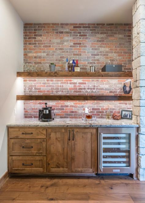 Sunroom Remodel, Brick Accent Walls, Brick Accent Wall, Home Bar Rooms, Red Brick Wall, Dining Room Remodel, Coffee Bars In Kitchen, Brick Backsplash, Rustic Bar