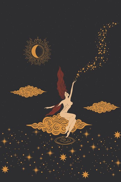 Celestial Editorial, Celestial Beings Art, Witchy Aesthetic Art, Celestial Witch Aesthetic, Moon Witch Aesthetic, Witchy Posters, Vintage Celestial Art, Witchy Decorations, Moon Sun And Stars