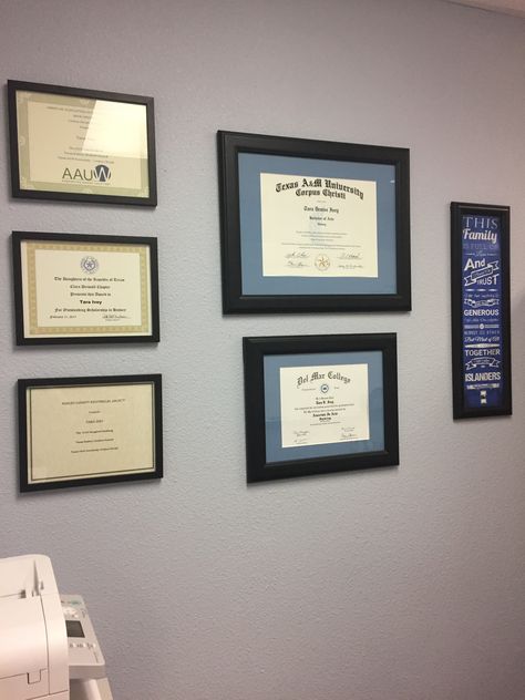 Degree Hanging Ideas, Diplomas On Wall Ideas, Hang Degrees In Office, Diploma Office Display, Hanging Certificates In Office Display, Framed Degree In Office, Hanging Diplomas On Wall, Achievement Wall Display Ideas Office, Degrees On Wall In Office