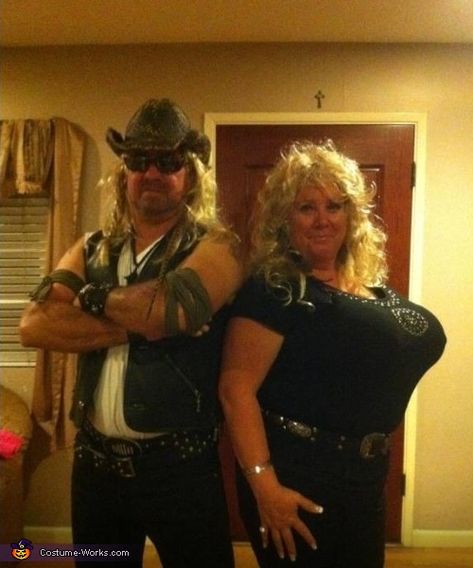 James: My husband loves watching Dog the bounty Hunter, so he decided that is what we were going to be. It really was quite easy, most everything we used was stuff... Halloween Costumes Husband And Wife, Husband Wife Halloween Costumes, Husband And Wife Costumes, Husband And Wife Halloween Costumes, Cool Couple Halloween Costumes, Hunter Costume, Beth Chapman, Cowgirl Quote, Cookie Costume