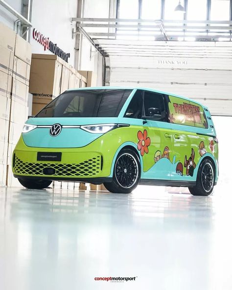 Scooby Doo-Themed VW ID.Buzz Rocks Coilovers In Indonesia | Carscoops Volkswagen Id Buzz, Scooby Doo Van, Vw Id Buzz, Mystery Machine Van, Volkswagen Cars, Mystery Machine, Funny Cars, Volkswagen Car, Aftermarket Wheels