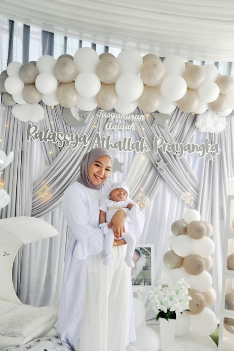 Decor Aqiqah Baby Girl, Dekor Aqiqah Baby Girl, Aqiqah Decoration Simple, Akikah Decoration, Decor Aqiqah Baby Boy, Backdrop Aqiqah, Decor Aqiqah, Aqiqah Decoration, Backdrop Foto