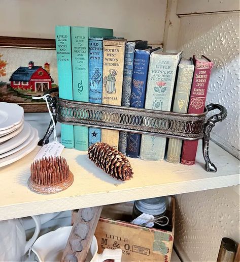 Flower frog and vintage books Vintage Dustpan Decor, Vignettes Styling Display Ideas, Vintage Books Display, Vintage Booth Display, Books Display, Antique Booth Displays, Auction Basket, Vintage Booth, Antique Booth Ideas