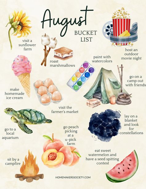 August Bucket List: Embrace the Magic of Summer + Free Printable - The Homemaker's Society Bucket List Calendar, No Spend Activities August, End Of Summer Bucket List, June Bucket List Ideas, Summer Bucket List Journal, Ideas For Summer, May Bucket List, February Bucket List, July Bucket List