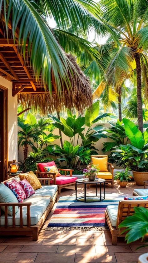 Discover vibrant tropical decor for a patio that feels like paradise 🌴🌺. Ideal for a fresh outdoor look! Patio Greenery Ideas, Tropical Patio Ideas, Lanai Decorating Ideas Florida, Tropical Outdoor Patio, Outdoor House Colors, Easy Outdoor Projects, Tropical Patio, Tropical Outdoor, Tropical Beach Houses