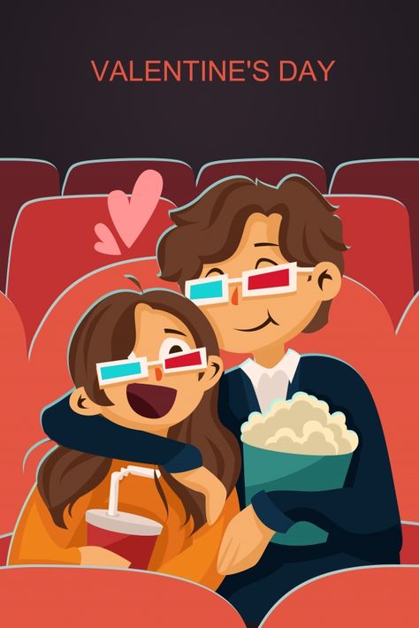 Disney Couple Illustration, Valentine Illustration Couple, Watching Movie Illustration, Valentine Illustration Cute, Couple Cute Drawing, Valentine's Illustration, Cute Couple Illustration, Cinema Day, Cinema Illustration