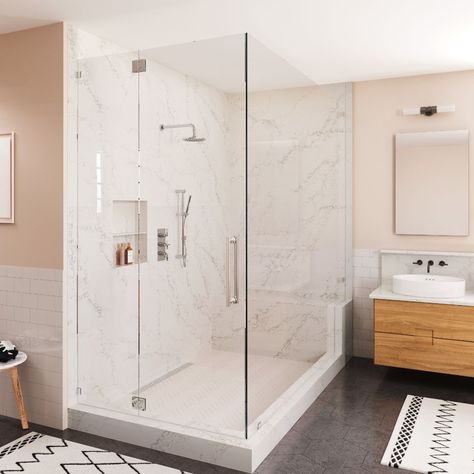 Can You Use Quartz for a Shower Surround? Yes, definitely!  Cambria quartz shower walls are made from an engineered product containing 93% natural quartz and 7% resin and pigment.  The fact that it is man-made means the slabs can be arranged to have the appearance of similar natural stones like granite and marble.  Quartz can give your bathroom a modern vibe while lasting a lifetime. #mycambria #cambriaquartzshowerwalls #quartzcountertops #quartzwallcladding #showerwalls Stone Shower Walls, Bathroom Wall Cladding, Quartz Bathroom, Stone Shower, Bathroom Shower Walls, Cambria Quartz, Marble Showers, Shower Walls, Master Bath Remodel