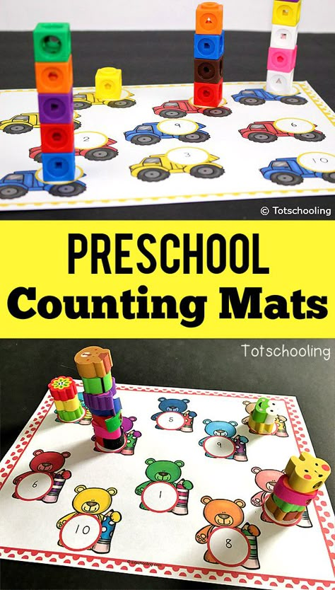 FREE counting mats for toddlers and preschoolers using hands-on manipulatives for stacking. Works on number recognition and one-to-one correspondence. There are 10 mats including many Spring-themed ones with bugs, rainbows and Easter peeps. Also includes year-round mats such as dump trucks, bears, fairies and pets. Zoo Animals Preschool, Preschool Zoo Theme, Zoo Preschool, Counting Mats, Zoo Activities, Preschool Counting, Gratis Printables, Preschool Centers, Numbers Preschool